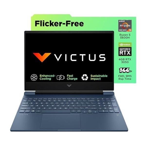 HP Victus, AMD Ryzen 5 5600H, NVIDIA RTX 3050, 16GB DDR4, 512GB SSD (Win11, Office21, Blue, 2.37kg) 144Hz, 9MS, IPS, 15.6-inch(39.6cm) Gaming Laptop, Backlit kb, Enhanced Cooling, fb0106AX/Fb0112AX